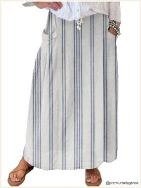 Women's Vertical Striped High Waist A-Line Maxi Skirt Cotton Floral Long Skirt